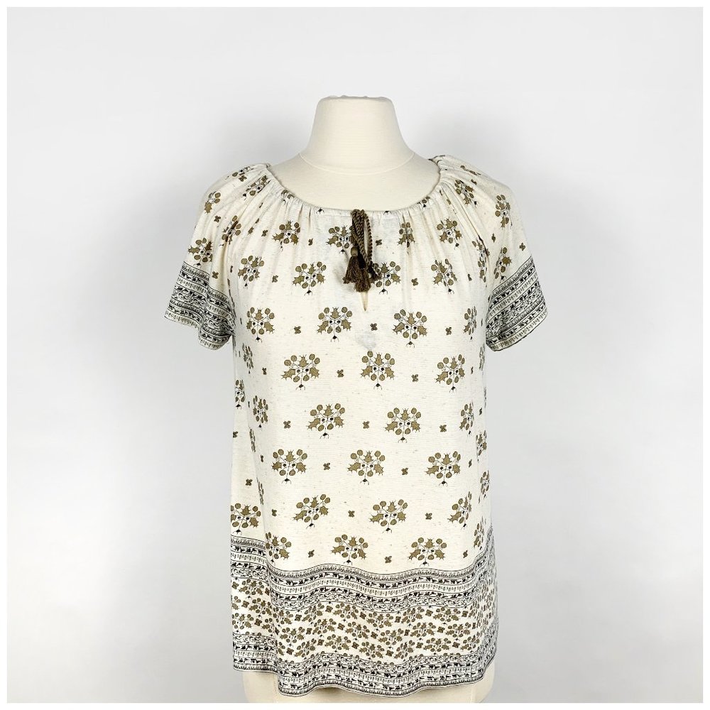 Lucky Boho Cream Tan Black Short Sleeve Top S